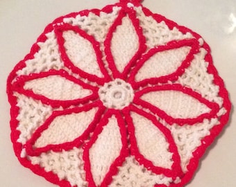 Red and White Vintage Hot Pad, Red and White Vintage Potholder, Red and White Retro Kitchen Decor