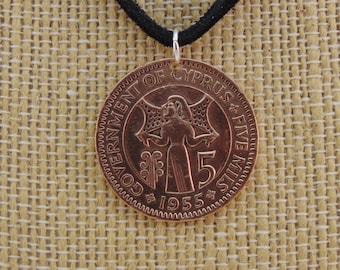 Cyprus Coin Necklace, 5 Mils, Coin Pendant, Leather Cord, Mens Necklace, Womens Necklace, Coin Jewelry, 1955