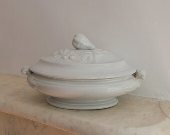 Antique Ironstone Tureen with Lid, Gourd, Early Blue Tint, W B, Pearl China, Fenton