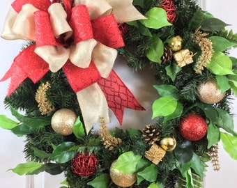 Christmas Door Decoration, Artificial Christmas Wreath, Christmas Wreaths for Sale, Elegant Christmas Wreath, Holiday Wreath, Red, Gold
