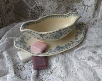 French antique Sarreguemines sauce boat, antique gravy boat, ironstone sauce boat, antique sauciere, shabby chic, antique transferware