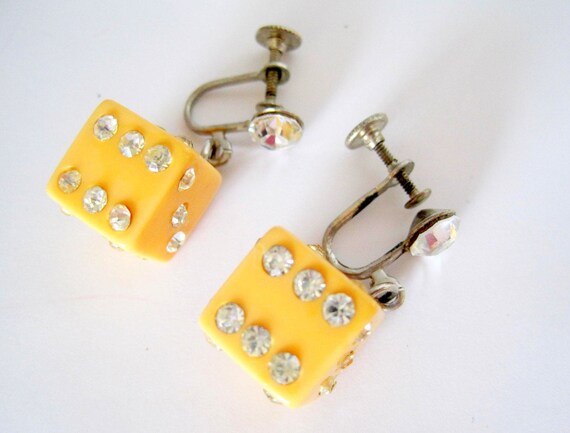 Yellow Bakelite Dice Earrings, Art Deco Dangles - Rhinestone Enhanced Screw Backs