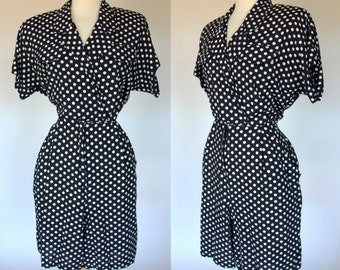 Polka dot romper, black and white, rayon, 90s, Large