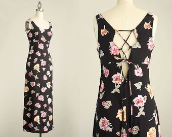 90s Vintage XOXO Black Floral Print Corset Back Maxi Sun Dress / Size Small / Grunge Revival 1990s Hipster Style