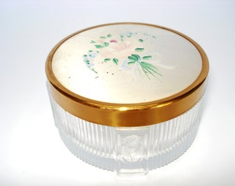 Vintage Floral Glass and Metal Trinket Powder Jar
