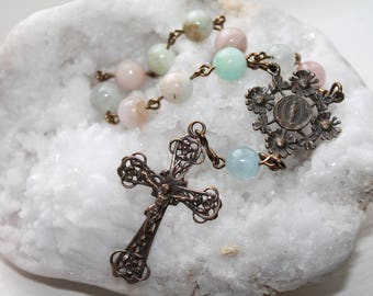 Our Lady of Lourdes Catholic Pocket Rosary Chaplet-Solid Bronze and Morganite Catholic Rosary-Handmade Catholic-Ships Free