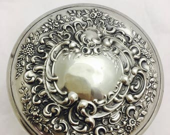 Vintage Art Nouveau Deep Cut Glass Vanity Jar with Floral Repousse Sterling Silver Lid
