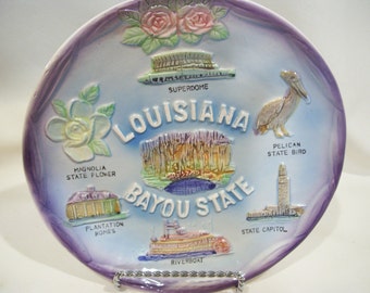 Louisiana Bayou State Collector's Plate Travel Souvenir Plate Superdome Magnolia Pelican Vintage State Plate