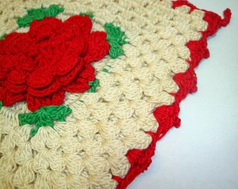 Vintage Crocheted Pot Holder, Potholder, Red and White, Red Flower, Mid Century, Retro Kitchen Decor, No. One