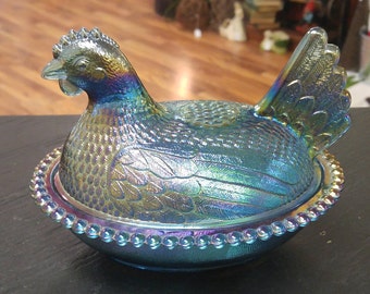 Vintage Blue Carnival Indiana Glass Hen On A Nest Dish!