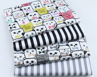 100% Cotton Fabric- CUTE Pink Blue Grey Cats Stripes Coordinating Fabric- 1/2 yard