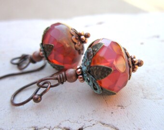 Czech Glass Dangle Earrings. Verdigris Drop Earrings. Copper Earrings. Verdigris Jewelry