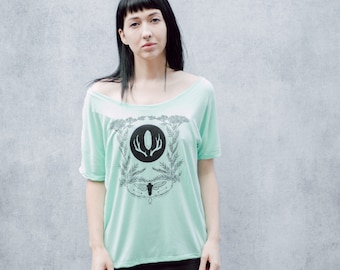 Mint Green Cicada and Yarrow Women's Screen Printed Slouchy Shirt