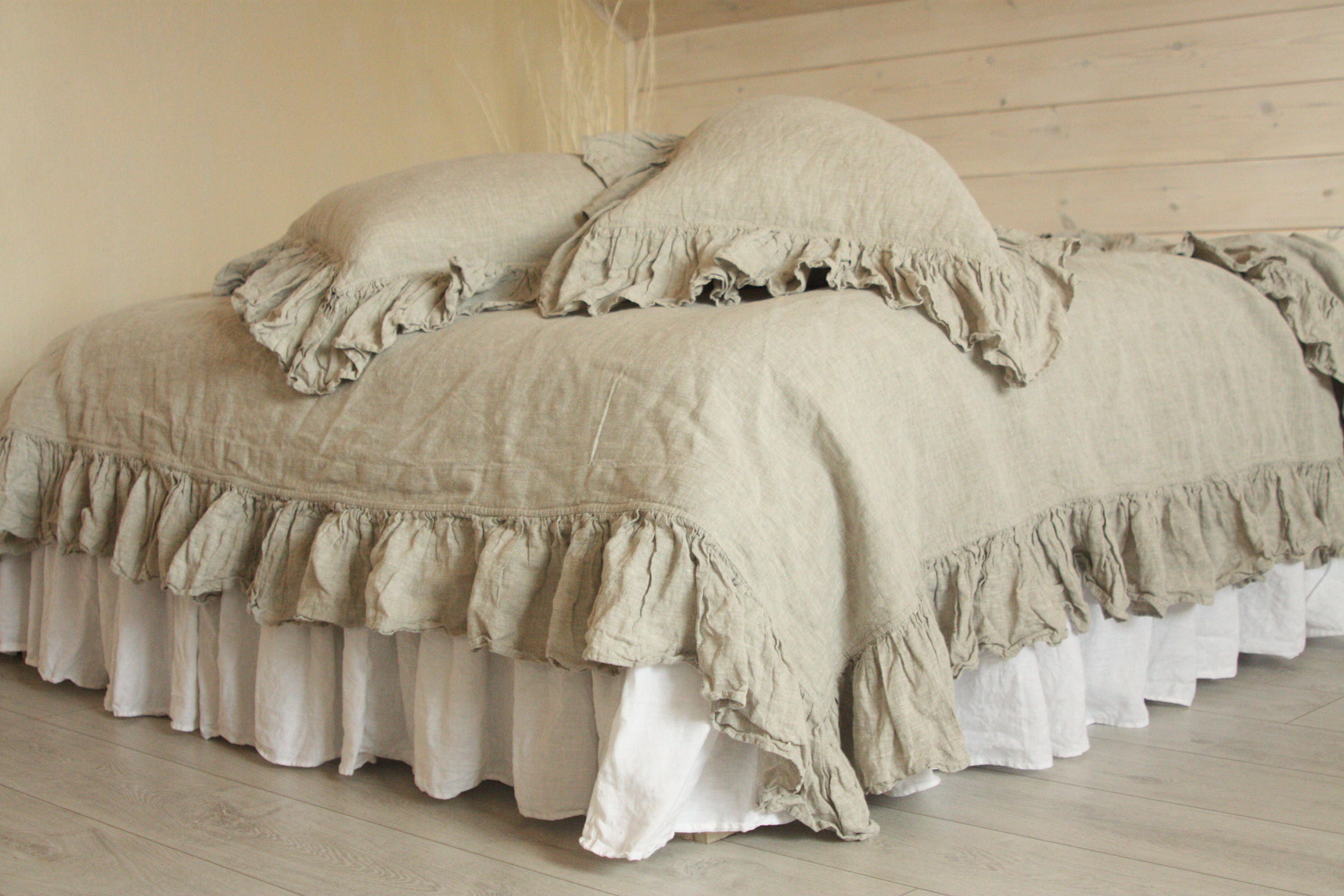 LINEN ruffles DUVET COVER set. Shabby Chic linen ruffled duvet