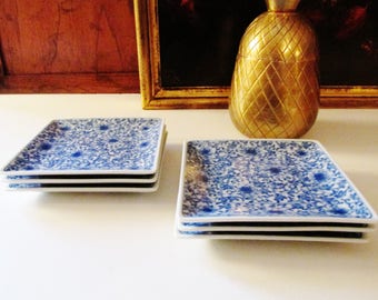 Vintage Six Square Blue and White Coasters, Small Blue Transferware Plates, Palm Beach Decor, Chinoiserie Plates