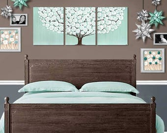 Bedroom Wall Art Canvas, Acrylic Painting on Extra Large Canvas Triptych of Sea Glass Teal Tree - 62x24
