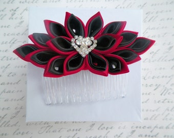 Black and Red Kanzashi Satin Flower Hair Comb