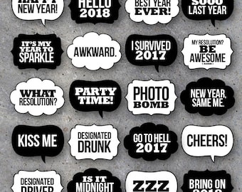 New Year's Eve Talk Bubbles Photo Booth Props Collection – Printable Speech Bubbles – Black & White backgrounds included–Fun DIY Party Ideas
