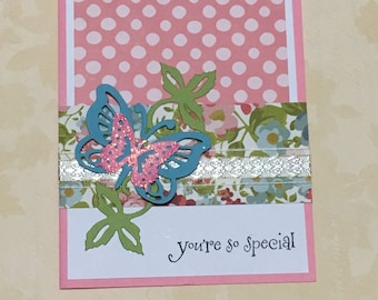 Just because card, youre special card, handmade card, greeting card, occasion card, floral design, pink, butterfly