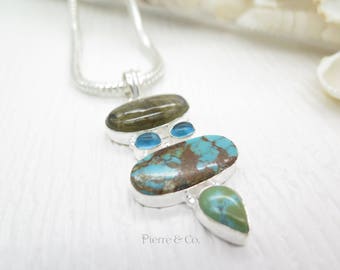Blue Fire Labradorite and Turquoise Sterling Silver Pendant and Chain
