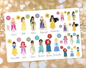 Fairytale Disney Princess stickers - for use with Erin Condren Happy Planner- Belle Mulan Rapunzel Pocahontas Ariel Tiana Jasmine Cinderella