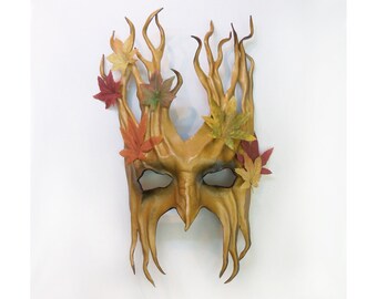 13" Tall Tree Leather Mask with Fabric Leaves greenman greenwoman forest