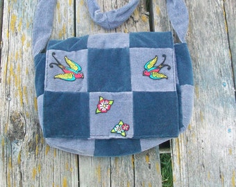 Blue Gray Recycled Corduroy Crossbody Purse Sparrow Patch Birds Long Strap