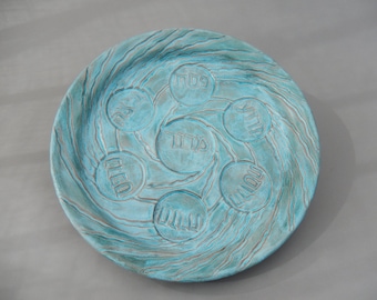 Passover Handmade Ceramic Seder Plate, Unique Turquoise Compact Ceramic, Jewish Wedding Gift, Carved Pottery, Passover, Pesach