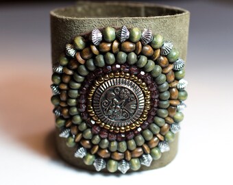 Leather Cuff Bracelet with Copper, Wood Beads, Glass beads, Metal Beads