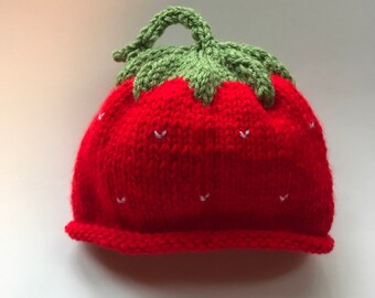BERRY - Hand Knitted Baby Beanie / Hat (Newborn to 12 months) Strawberry