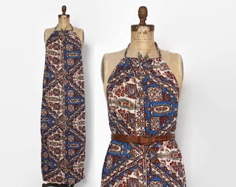 Vintage 70s Halter DRESS / 1970s Boho Ethnic Print Cotton Backless Maxi Dress