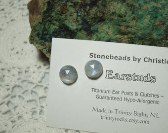 Rainbow Moonstone Blue Tint 10mm Faceted Stud Earrings Earings Titanium Post and Clutch Hypo Allergenic Handmade in Newfoundland Icy Cool