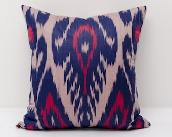 15x15 blue red ikat pillow cover, blue red pillows, blue red ikats, blue, decorative pillow, throw pillow, accent pillow, blue pillow