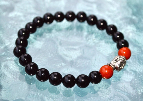 8mm Black Onyx Red Coral Wrist Mala Beads Healing Bracelet
