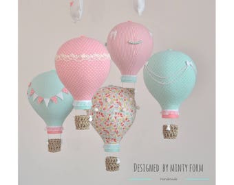 Mint Coral Pink White Hot Air Balloon Mobile Travel Theme Nursery Decor Custom Mobile World Map