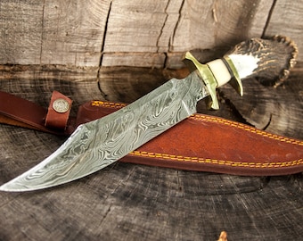 15" Inch Custom Hand Made Forged Damascus Steel Hunting Bowie Knife Fixed Blade Deer Antler Handle W/ Leather Sheath fathers day gift