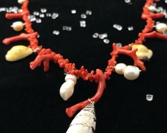Coral Necklace Pearl Silver shells. Cleopatrartstones