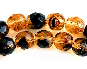 8mm Czech glass beads Topaz beads Black stripes Topaz Black mixed color fire polished ball beads - 15Pc - 3045