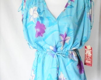 Vintage Deadstock 1960s 1970s Blue Floral Ms Tops of California Blouse, 1960s Deadstock Tropical Blouse, 1970s Deadstock Tropical Blouse
