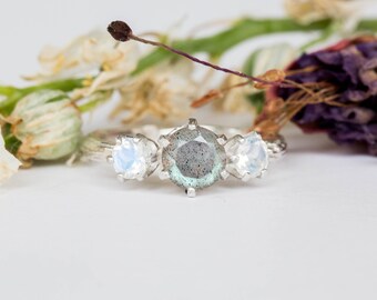 Labradorite moonstone three stone engagement ring, moonstone labradorite twig engagement ring, twig ring