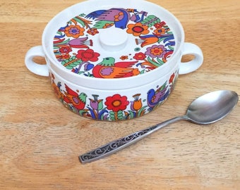 Vintage Small Covered Casserole Dish - Royal Crown Porcelain Ovenware 'Paradise' Pattern with Lid 3698
