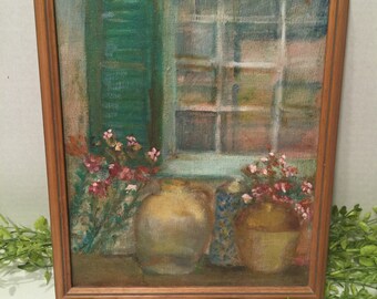 Vintage Oil Painting Window Jugs and Flowers