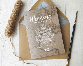 Travel Wedding, Destination Wedding, Travel Invitation, Travel Theme, Vintage Map Invitation, Vintage Travel, Passport Invitation, USA front