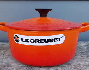 Vintage Le Creuset Round Dutch Oven #18 Flame Orange, 2 Quarts, 7.5", Enameled Cast Iron, New Old Stock, Made in France