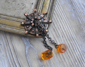 Vintage Baltic folk copper-natural cognac Amber Pin, Brooch.