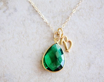 Emerald Necklace, Initial Necklace, May Birthstone Necklace, Monogram Necklace, Personalized Jewelry, Initial Jewelry, Emerald Jewelry