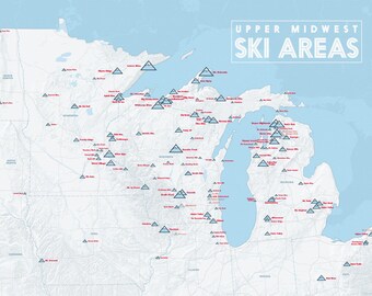 Upper Midwest Ski Resorts Map 18x24 Poster