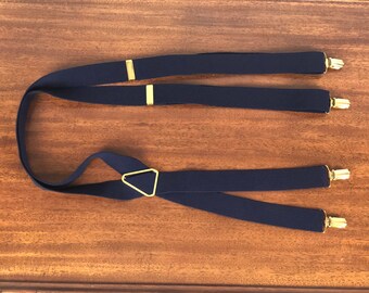 Vintage 1960s Mens Suspenders | 60s Navy Blue Clip Braces with Gold Tone Brass Hardware