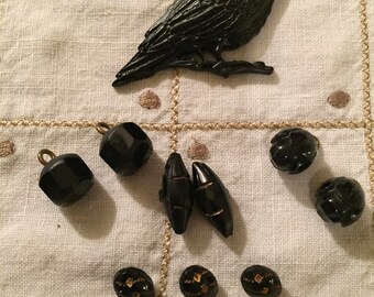 Vintage Buttons - Black Jet Mini Buttons Set of 9