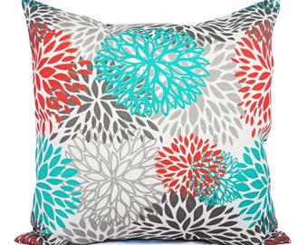 Indoor Outdoor Pillows - Two Turquoise and Orange Pillow Covers - Euro Sham - Couch Pillow - Blue Cushion Cover - Turquoise Grey Pillow